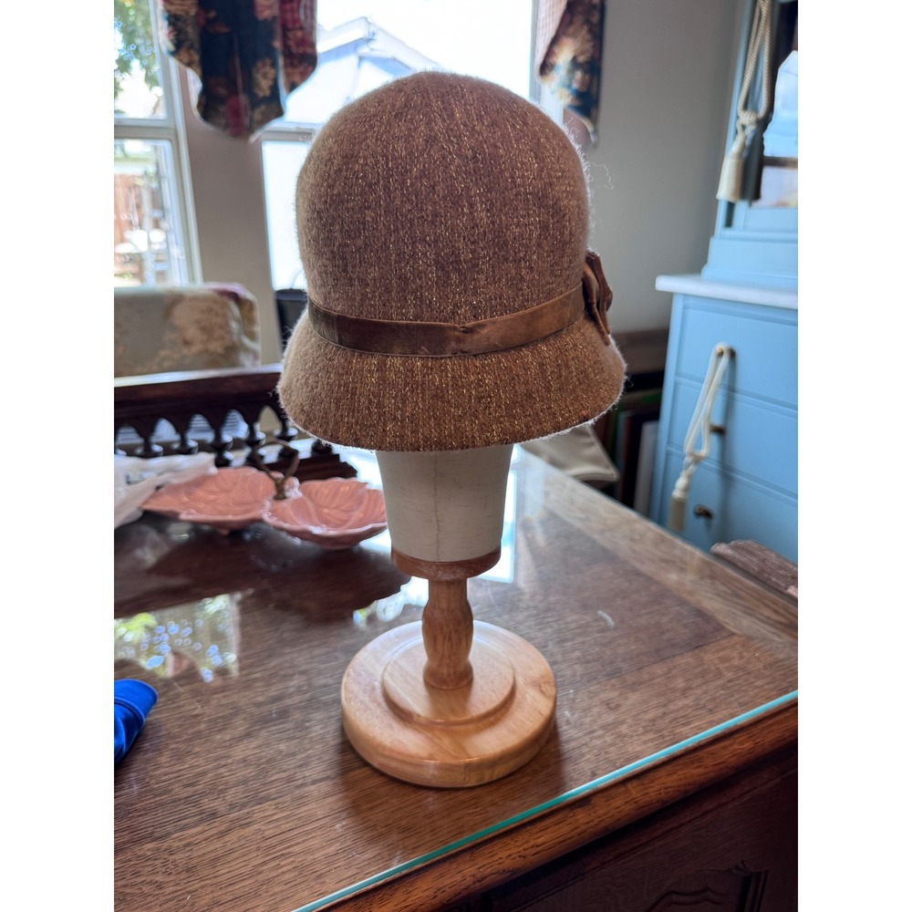 August Hat Company Brown Gold Lurex Wool Blend Cloche Hat Velvet Bow Accent - Picture 4 of 7